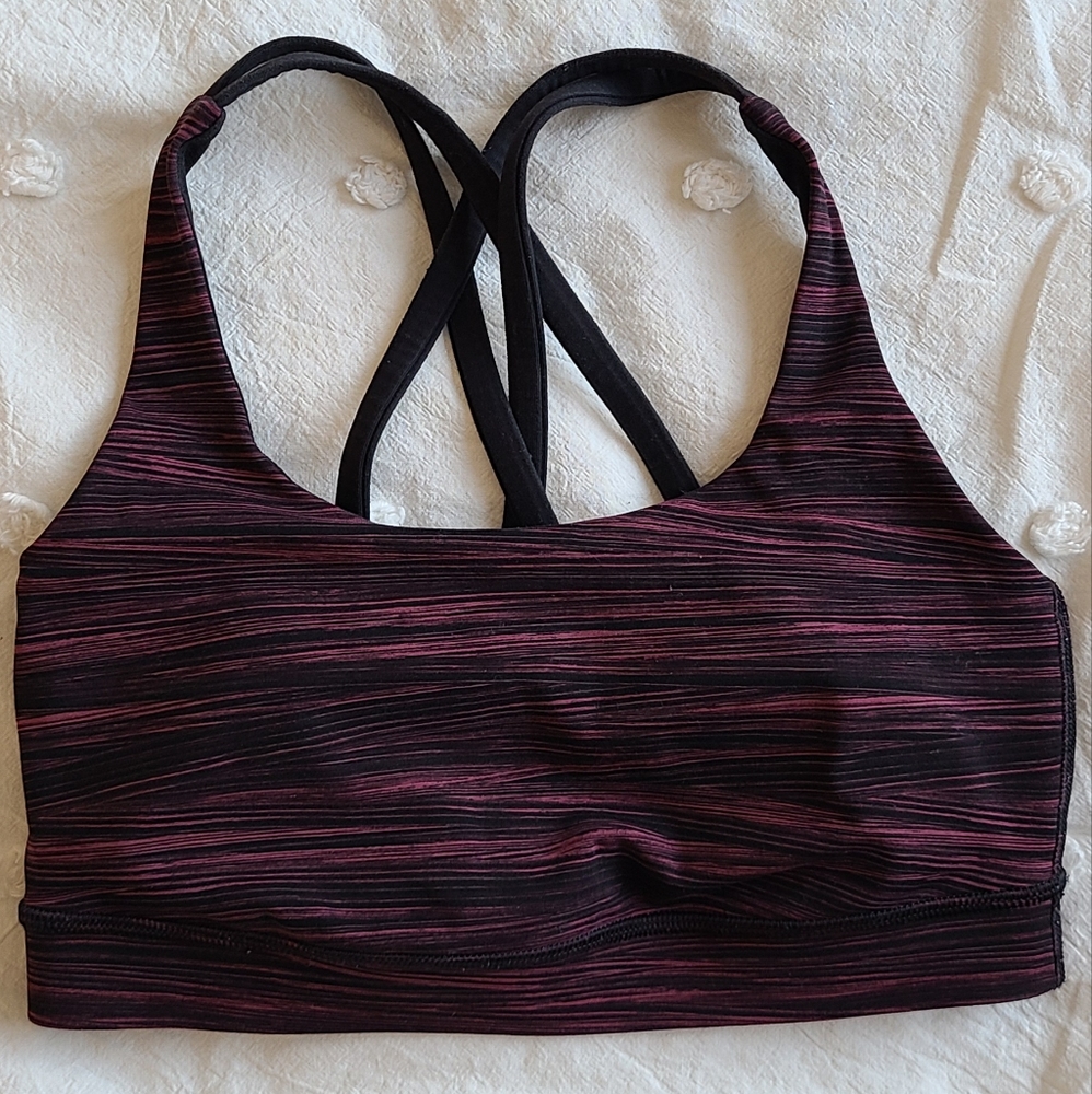 Lululemon "energy bra" size 4, "low tide blush berry black/black" color.